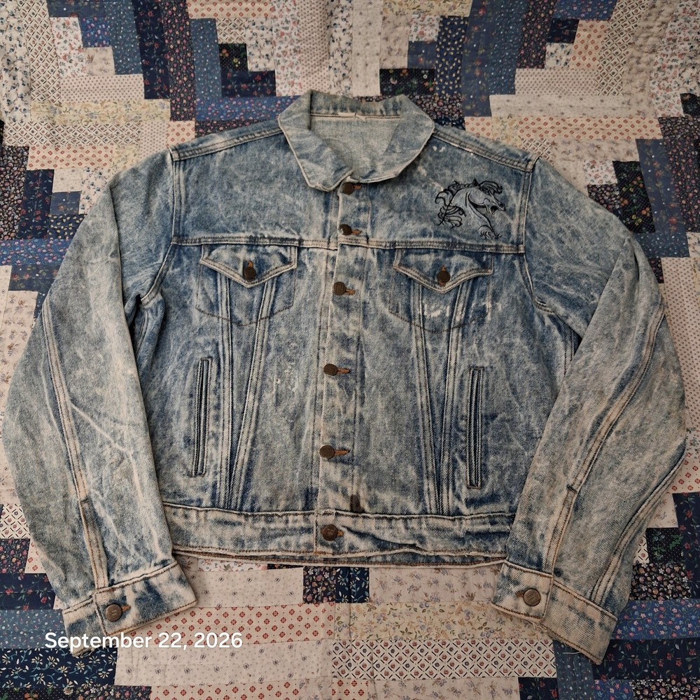 80s Vintage Acid Wash Denim Jacket L Western Horse Ghost Rider Hand Painted Art